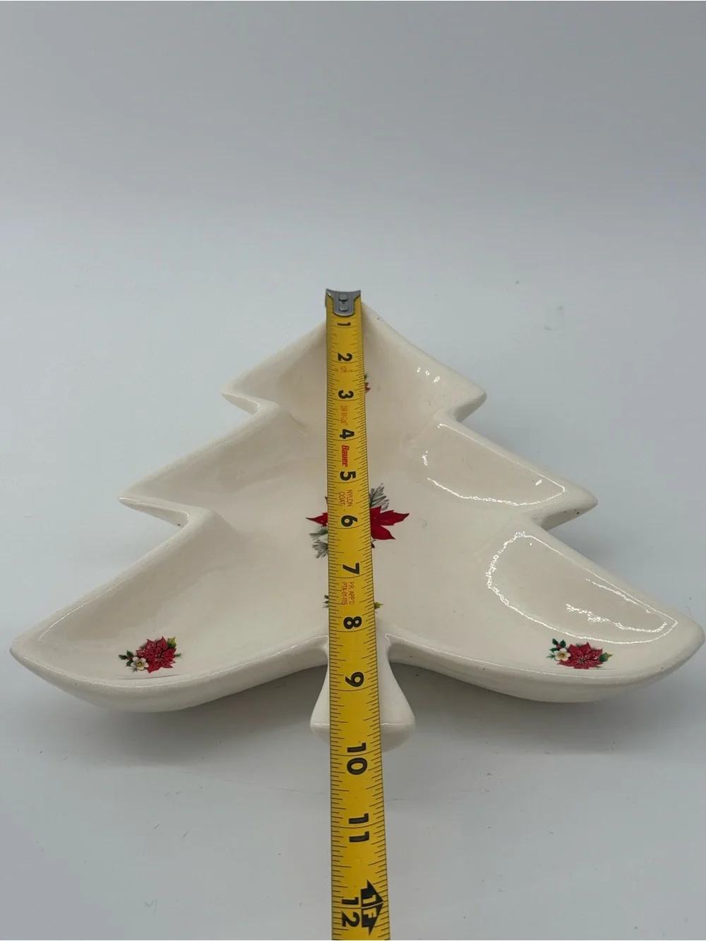 Cream Ceramic Christmas Tree Serving Tray with Red Poinsettia Motif